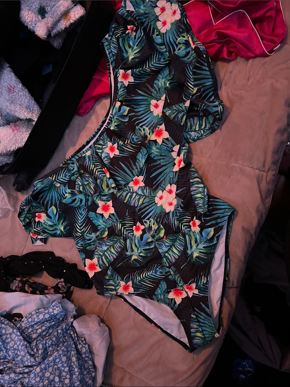 Tropical Floral One-Piece Swimsuit - Black with Green & Pink Floral Print